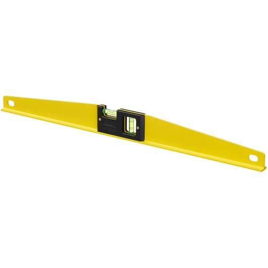 Yellow Stanley spirit level tool with two vials, holes at each end, used for checking straightness.