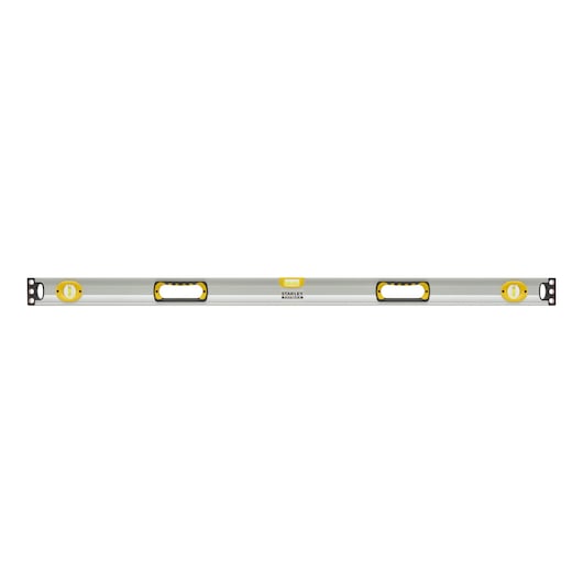 STANLEY 1-43-549 spirit level, silver body with yellow vials and handles, front angle on white background.