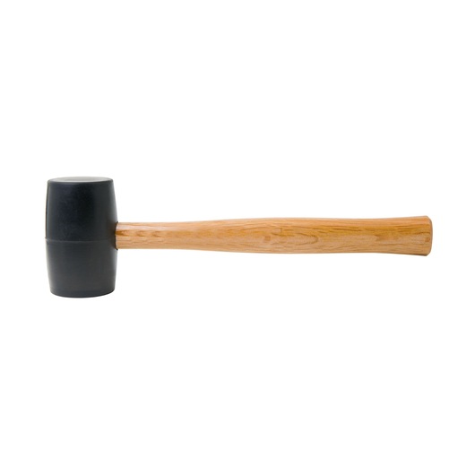 Rubber mallet with a wooden handle shown against a white background.