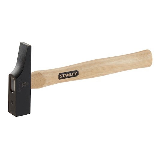 Stanley hammer with wooden handle and black metal head, shown against a white background.