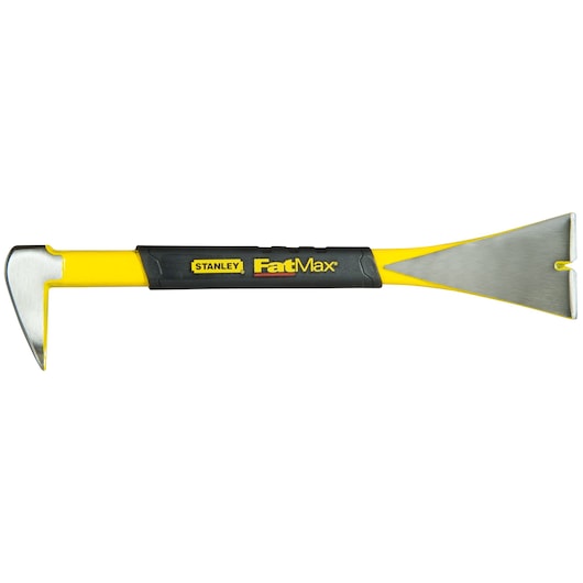 STANLEY 1-55-510 FatMax demolition bar with yellow shaft, black handle, and silver angled ends, side view.