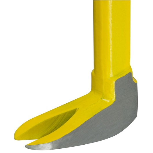 STANLEY 1-55-510 yellow demolition bar close-up, angled view showing claw and beveled steel edge.