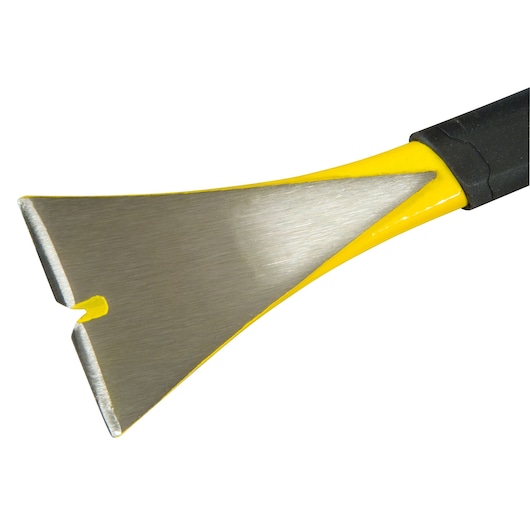 Close-up of a Stanley paint scraper with a metal blade and yellow-coated handle.