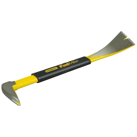 STANLEY 1-55-511 pry bar with yellow and black handle, FatMax branding, side view, isolated on white.