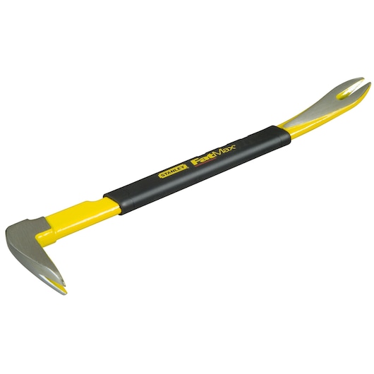 STANLEY 1-55-512 yellow and black FatMax pry bar, photographed at a side angle on white background.