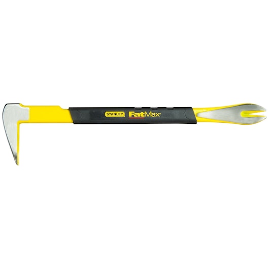 STANLEY 1-55-512 demolition bar with yellow and black handle, photo of side angle on white background.