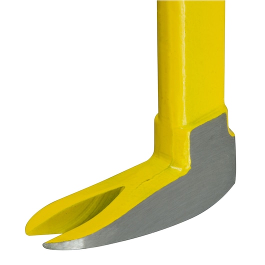 Photo of STANLEY pry bar 1-55-512, yellow steel with polished split end, close-up side angle.