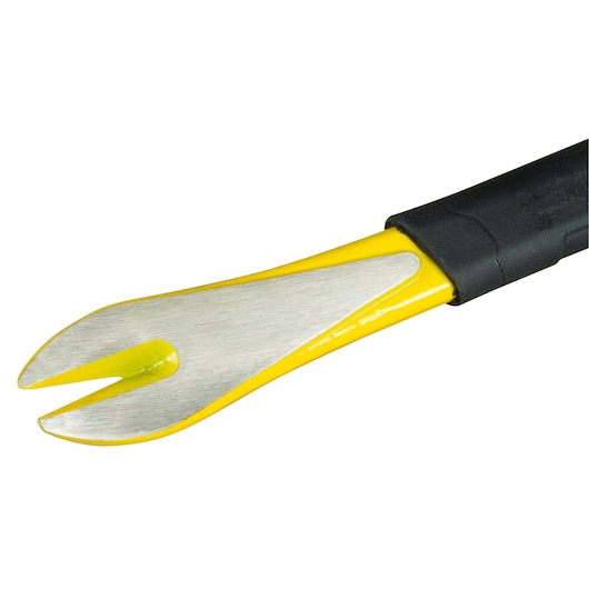 Close-up of a Stanley yellow-handled pry bar with a split end and black grip.