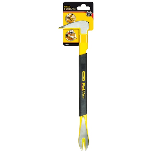 STANLEY 1-55-512 pry bar with yellow body, steel head, and black grip, front view on white background.