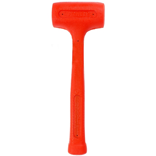 STANLEY 1-57-531 orange dead blow hammer, front angle, textured handle, tool photography.