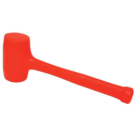 Photo of STANLEY 1-57-534 orange dead blow hammer, side angle, with textured handle and solid rubber construction.
