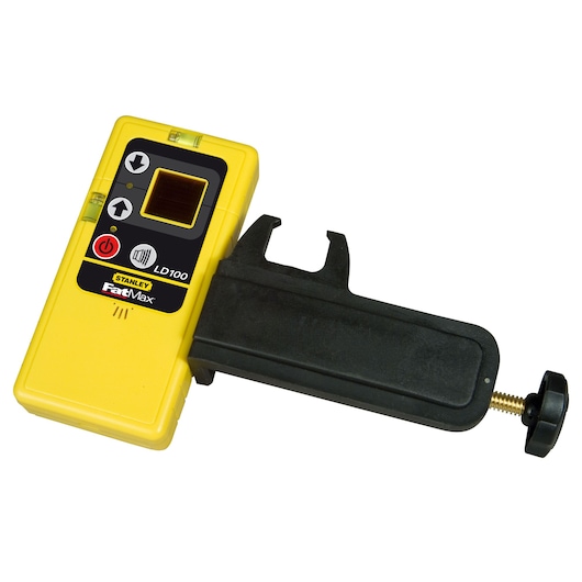 Stanley 1-77-023 laser receiver in yellow with clamp, front angle on white background.