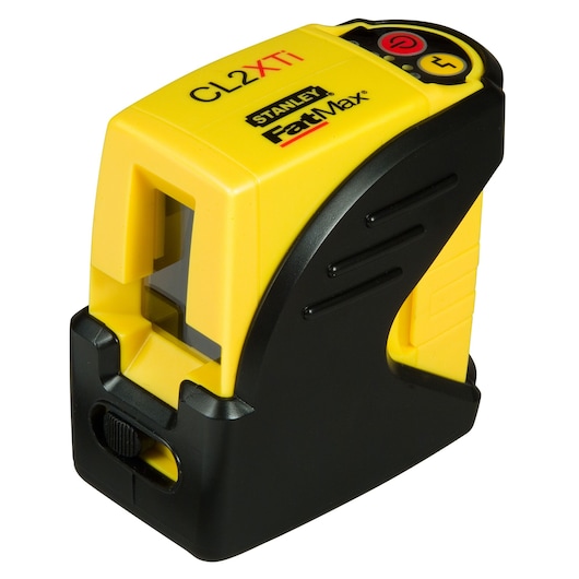 Photo of STANLEY 1-77-121 laser level, yellow and black body, branding and controls visible, angled on white background.
