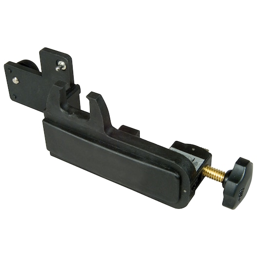 STANLEY 1-77-121 photography accessory clamp, side angle, black body with adjustable brass screw.