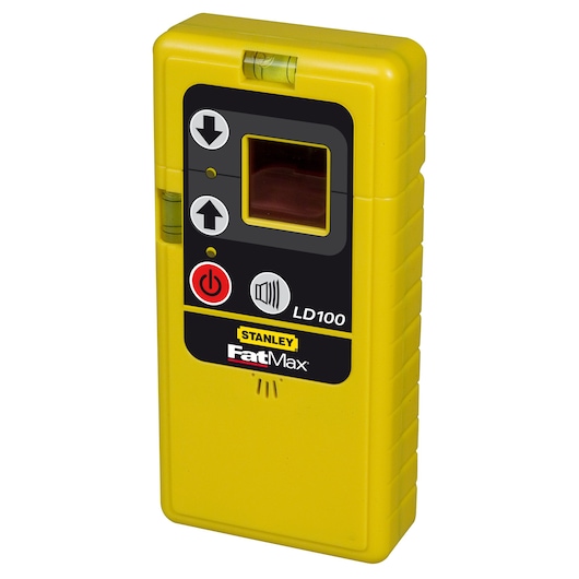 Photo of STANLEY 1-77-121 FatMax yellow laser detector, front angle, with control buttons and display.