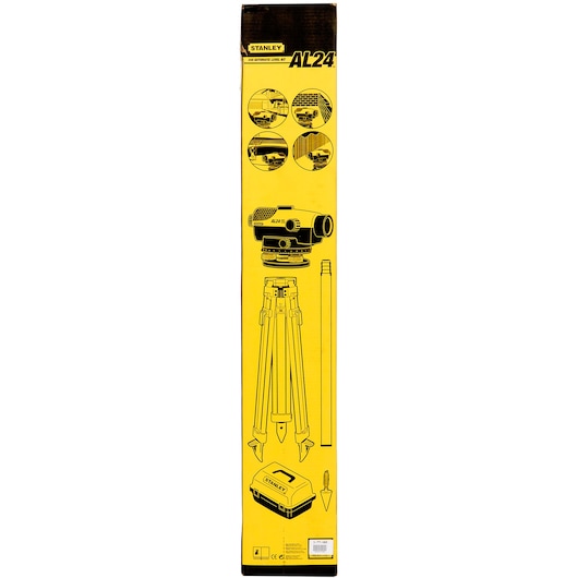 Photo of STANLEY 1-77-160 photography kit box with illustrations of level, tripod, rod, and case, front angle.