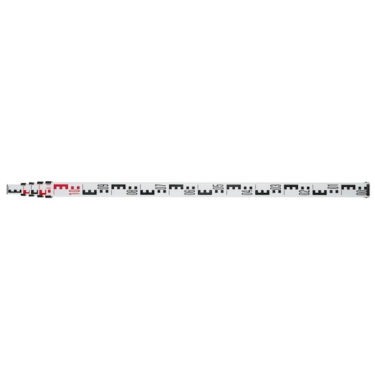 STANLEY 1-77-161 leveling staff photography, white with black and red markings, side angle.