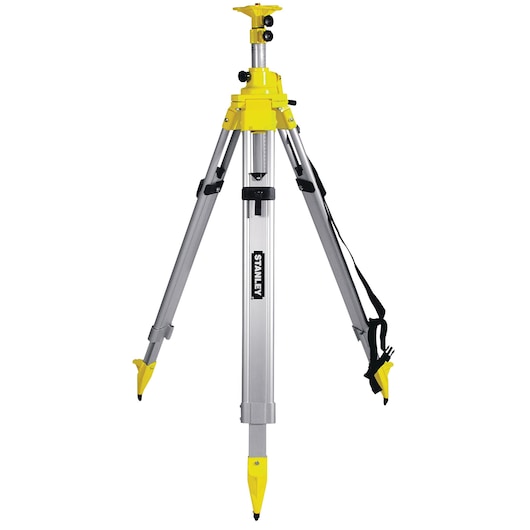 STANLEY 1-77-164 aluminum tripod with yellow and silver finish, front angle, survey equipment.