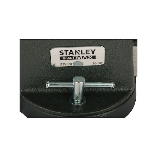 STANLEY FATMAX 83-067 bench vise close-up showing label and adjustment handle, front angle, black and silver.