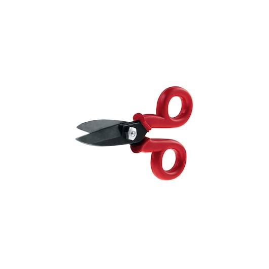 STANLEY 1-84-280 aviation snips with red handles, angled view on white background.