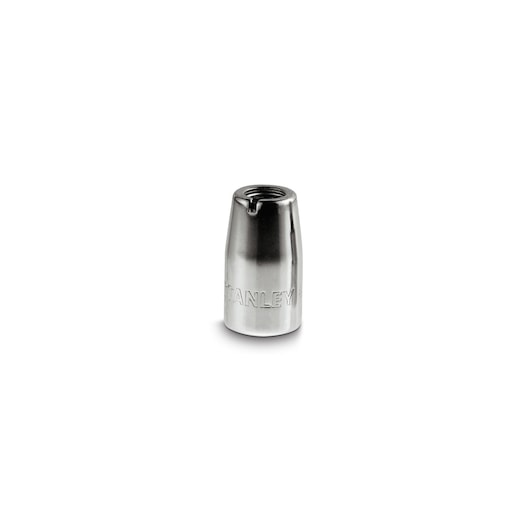 Silver Stanley metal tripod adapter, cylindrical, with threaded opening, photographed on a white background.