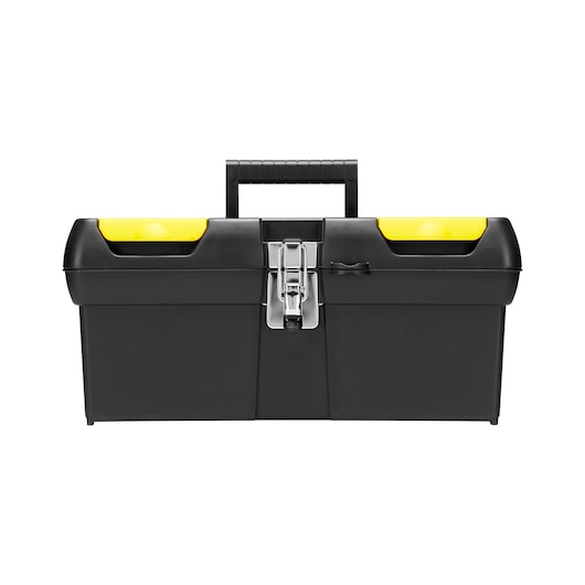 Black toolbox with yellow compartments and a central metal latch, shown from the front against a white background.