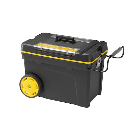 STANLEY 1-92-904 rolling black and yellow toolbox, photography, angled white background.
