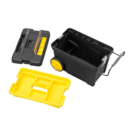 STANLEY 1-92-904 black and yellow rolling tool box with removable tray and lid, shown from above on white background.