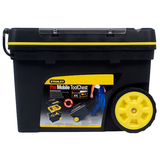 STANLEY 1-92-904 black and yellow mobile tool chest with large wheels, side view, white background.
