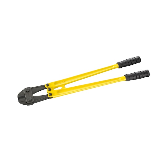 Stanley bolt cutter with yellow handles and black grips, suitable for cutting metal rods and bolts.