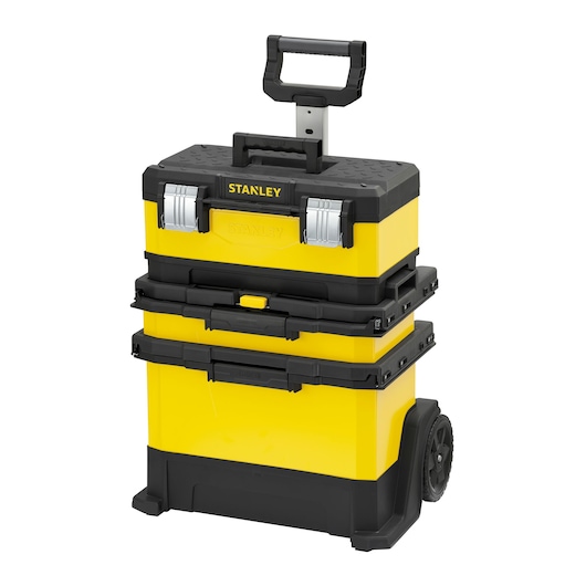 STANLEY 1-95-621 yellow and black rolling tool box stack with handle, photographed at front angle on white.