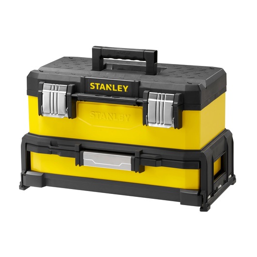 STANLEY 1-95-829 yellow and black tool box with metal latches, front angle on white background.
