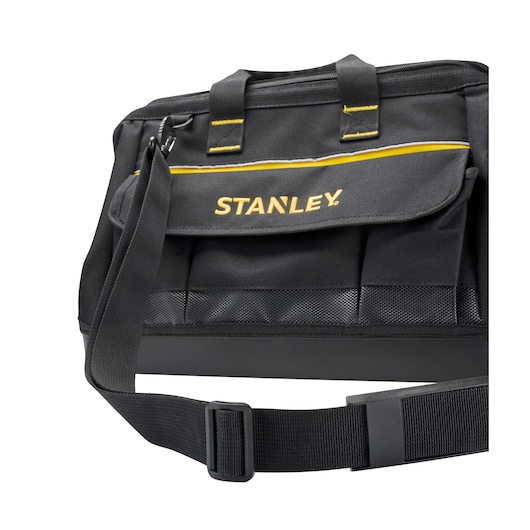 STANLEY 1-96-183 black tool bag with yellow trim and shoulder strap, front angle on white background.