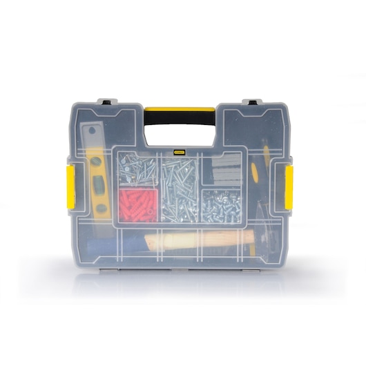 STANLEY 1-97-483 organizer case with transparent lid, showing compartments with screws, anchors, and small tools, front view.