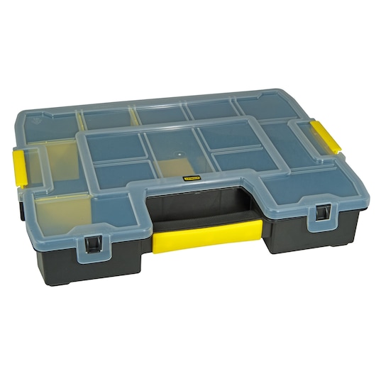 STANLEY 1-97-483 organizer box with transparent lid, black base, and yellow handle, front angle photo.