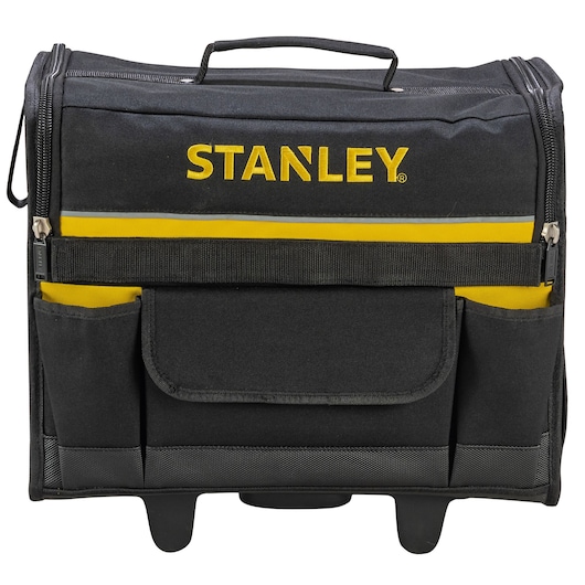 STANLEY 1-97-515 black and yellow tool bag with handle, front pocket, and side pockets, front angle.