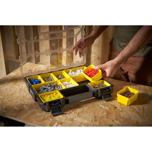 STANLEY 1-97-519 organizer box with yellow compartments for assorted hardware, photo at front angle.