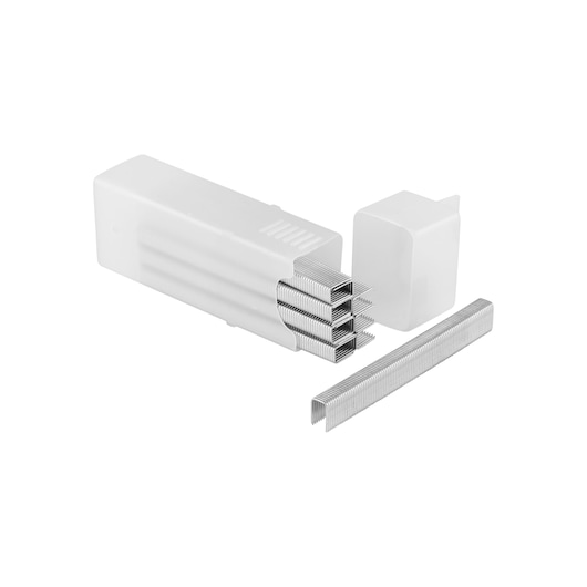 Box of metal staples with opened case and several staple strips displayed on a white background.