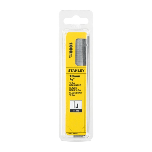 STANLEY 1-SWK-BN375T pack of 1000 10mm 18GA brad nails, front angle, in yellow and clear blister packaging.