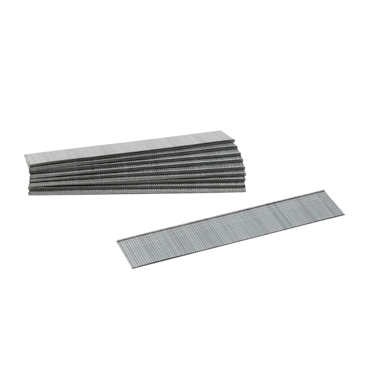 Photo of STANLEY 1-SWKBN100T brad nails, silver color, stacked strips, shown on white background, photography product.