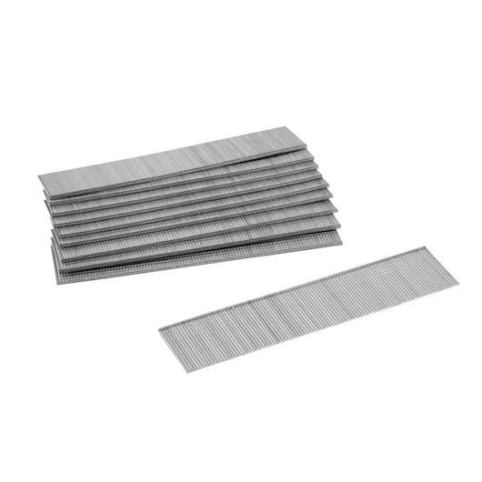 Close-up of stacked metallic strips of nails for a nail gun on a white background.