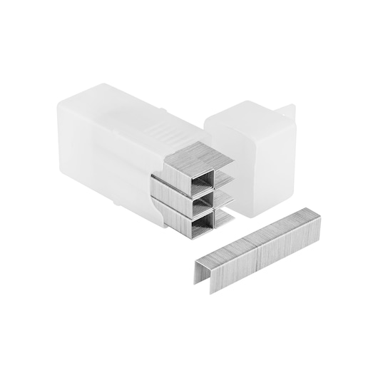 Box of metal staples with several staple strips shown beside the container on a white background.
