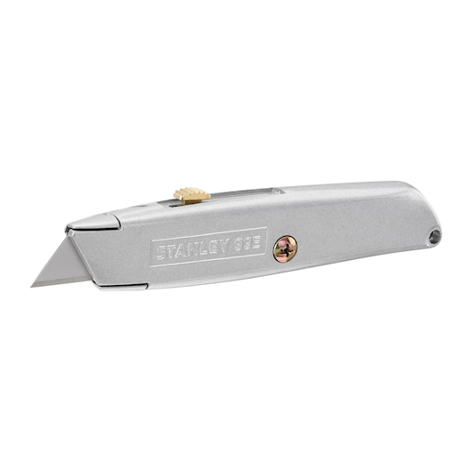 STANLEY 2-10-099 silver utility knife, angled view, metal body with exposed blade and brass screw.