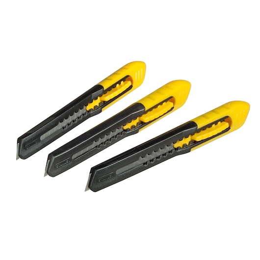 Photo of three STANLEY 2-10-150 utility knives with yellow and black handles, angled on white background.