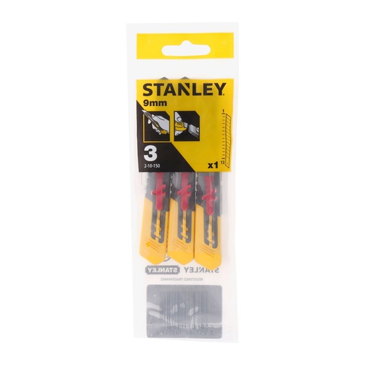Photo of STANLEY 2-10-150 9mm snap-off knives 3-pack, yellow and black, front view on white background
