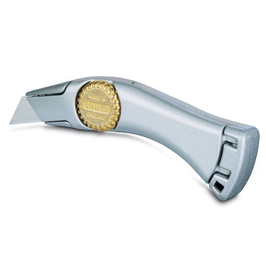 Photo of STANLEY 2-10-550 silver utility knife, side angle, gold round screw, tool category.