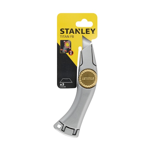 STANLEY 2-10-550 Titan FB silver utility knife, photography, front angle, with gold detail and packaging.