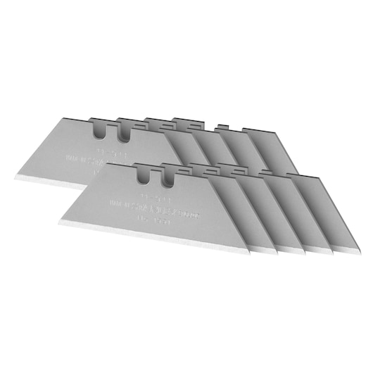STANLEY 2-11-911 utility knife blades, silver, pack of ten, side angle on white background.