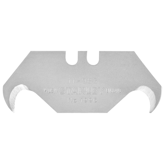 Stanley replacement photography blade with curved edges and engraved text on metal for cutting tasks.