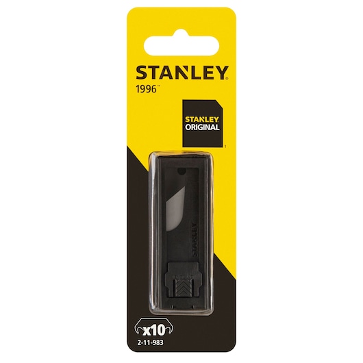 Photo of STANLEY 2-11-983 utility blades pack, yellow and black packaging, front angle.